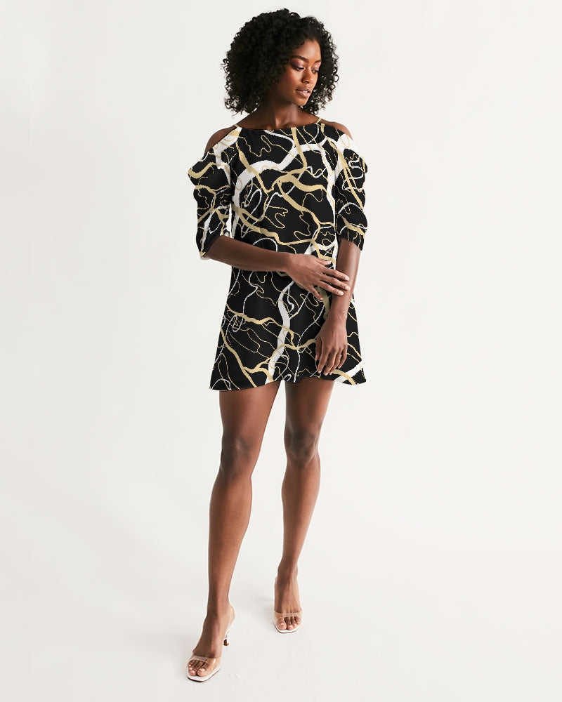 PLMNRY  BLK Women's All-Over Print Open Shoulder A-Line Dress