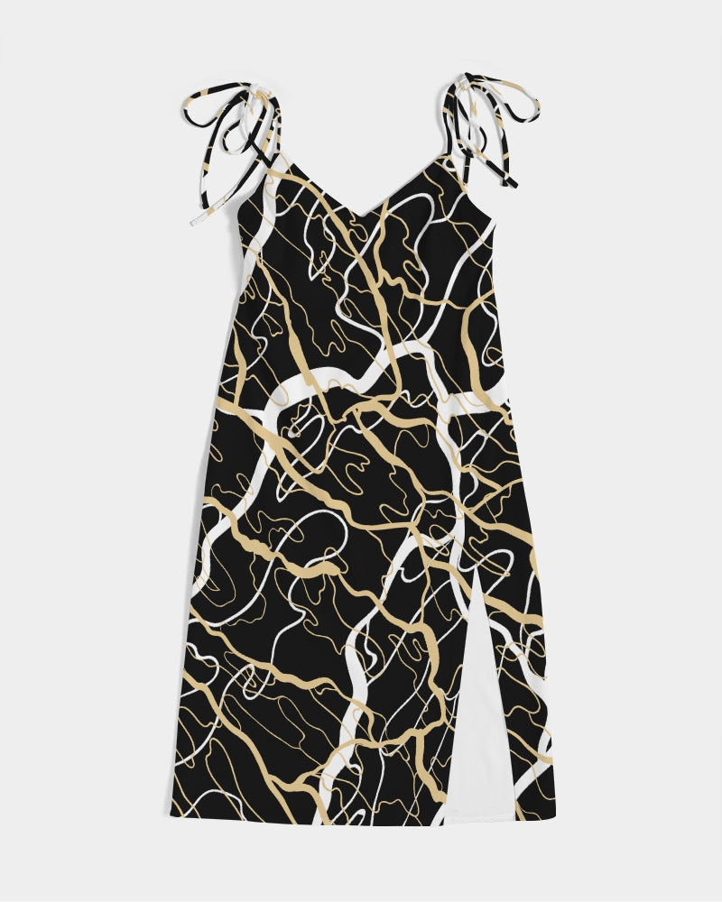 PLMNRY  BLK Women's All-Over Print Tie Strap Split Dress