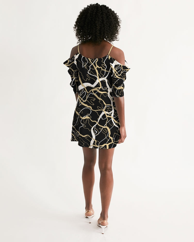 PLMNRY  BLK Women's All-Over Print Open Shoulder A-Line Dress