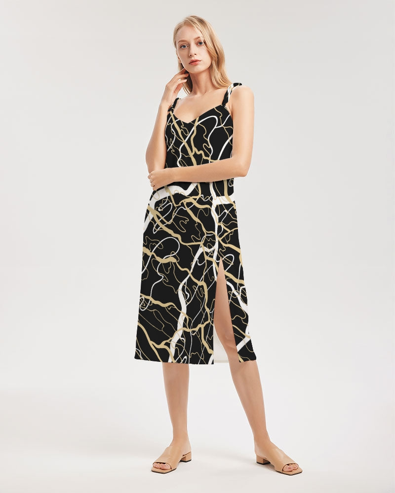 PLMNRY  BLK Women's All-Over Print Tie Strap Split Dress