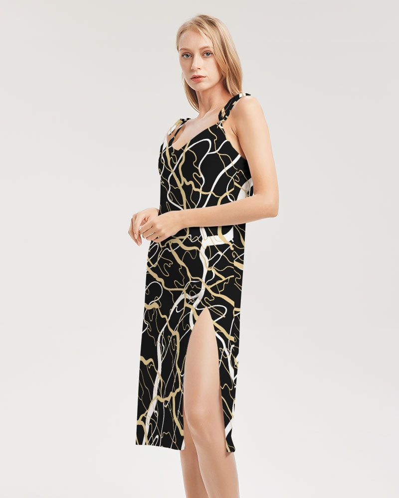 PLMNRY  BLK Women's All-Over Print Tie Strap Split Dress