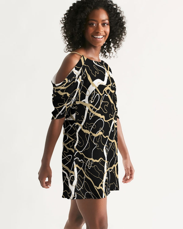 PLMNRY  BLK Women's All-Over Print Open Shoulder A-Line Dress