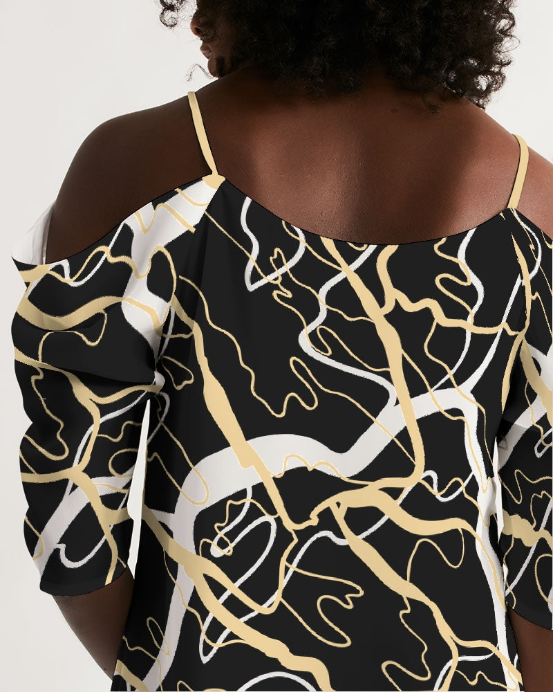 PLMNRY  BLK Women's All-Over Print Open Shoulder A-Line Dress